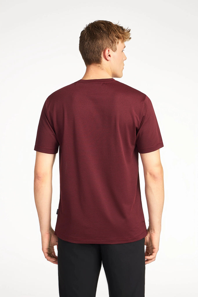 A person with short light brown hair is seen from behind, wearing TECH APPARELs MENS VARIEGATED STRIPE CREWNECK T-SHIRT and black pants against a plain white background—a smart pick for style enthusiasts.