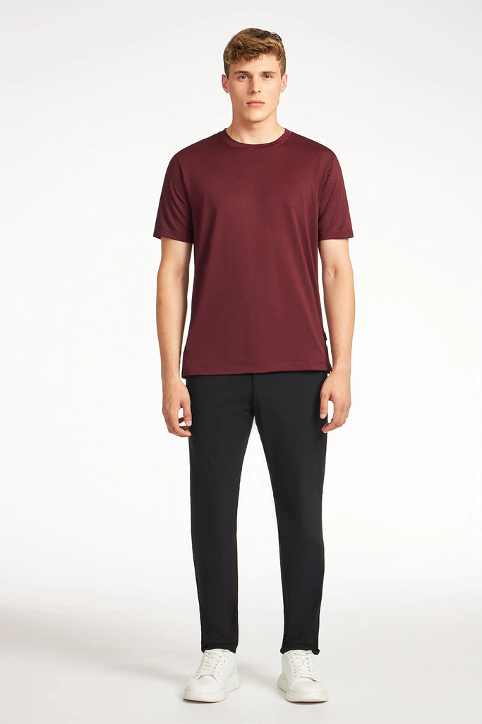A young man faces forward, wearing TECH APPARELs MENS VARIEGATED STRIPE CREWNECK T-SHIRT in maroon, paired with black pants and white sneakers. A simple white background highlights the modern look of this outfit.