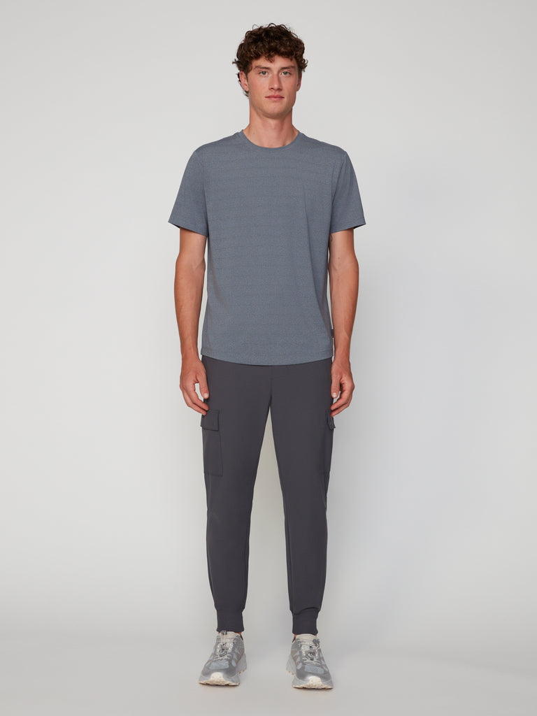A young man with short curly hair faces forward, wearing TECH APPAREL’s MEN’S CREW NECK TEE WITH MIXED JACQUARD STRIPE in gray, paired with dark gray cargo jogger pants and gray sneakers against a plain light background.
