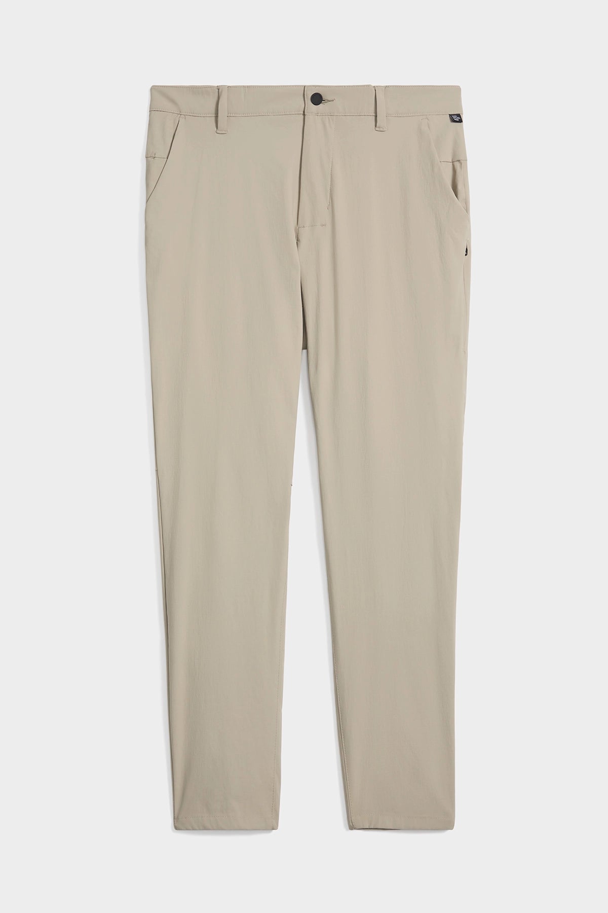 The TECH APPAREL MENS DRI-FLEX PANTS are beige, straight-leg pants with side pockets and a front button and zipper closure, made from wrinkle-resistant fabric and shown flat on a white background.