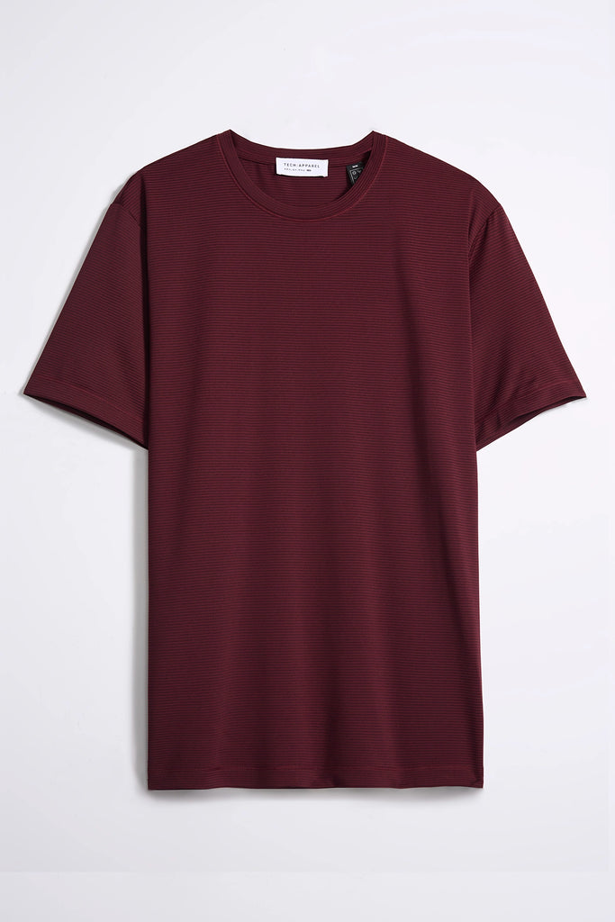 The TECH APPAREL MENS VARIEGATED STRIPE CREWNECK T-SHIRT is displayed against a white background, featuring short sleeves, a classic crew neckline, and wrinkle-resistant fabric for easy everyday wear.