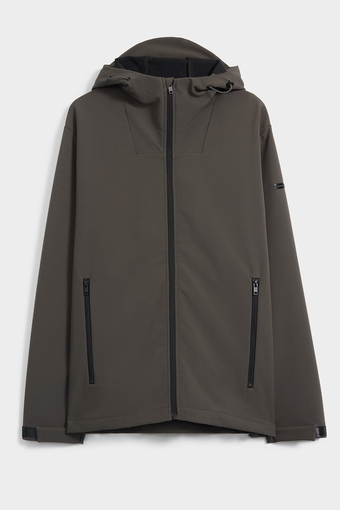 The TECH APPAREL MENS BONDED FLEECE JACKET features a dark gray minimalist design with a front zipper, two vertical zippered pockets, and adjustable cuffs, pictured against a plain white background.